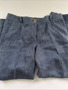 Talbots Blue Denim Linen Trousers  Pants with Cream Trim